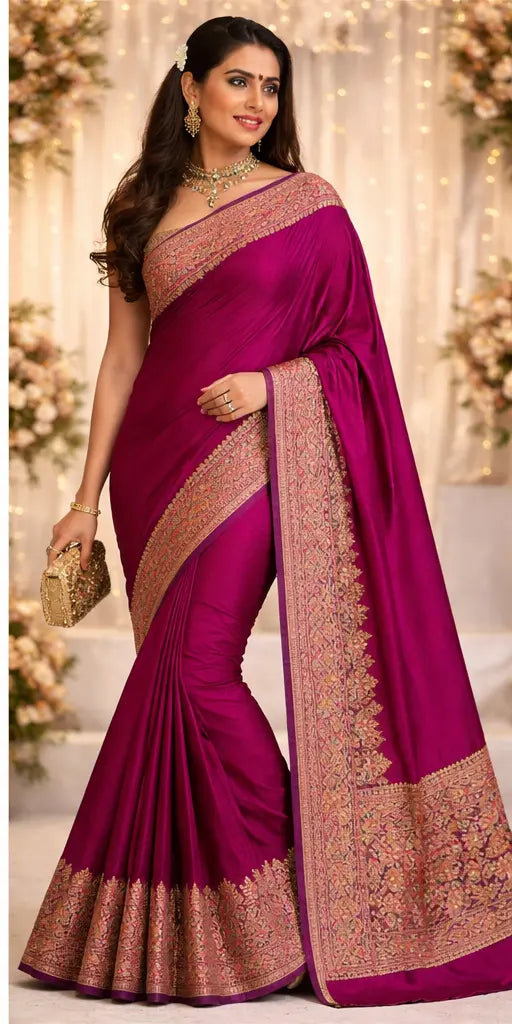 Magenta Silk Saree with Intricate Woven Border tvisa