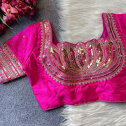 Heavy milan silk with embroidery work pink color blouse.