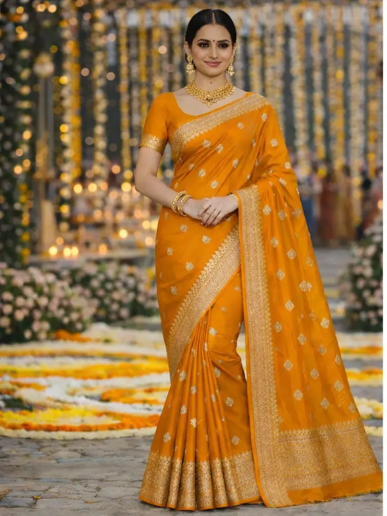 Mustard Khaddi Silk Saree with Gold Woven Border