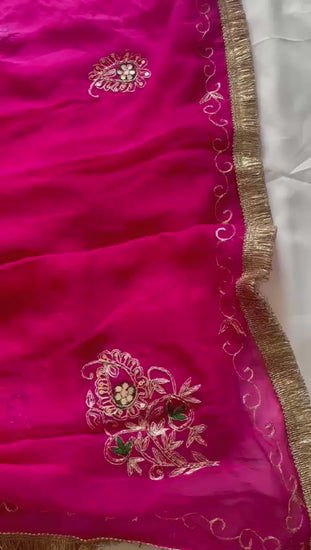 Hot Pink Chiffon Saree with Pittan Work.