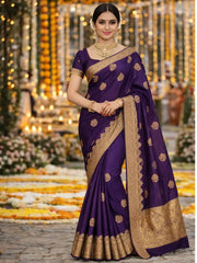Royal Purple Silk Saree with Gold Zari Motifs tvisa