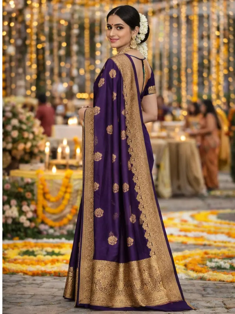 Royal Purple Silk Saree with Gold Zari Motifs tvisa