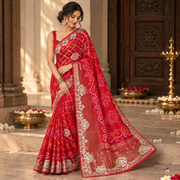 red Bandhani saree with dotted motifs and shimmering pallu