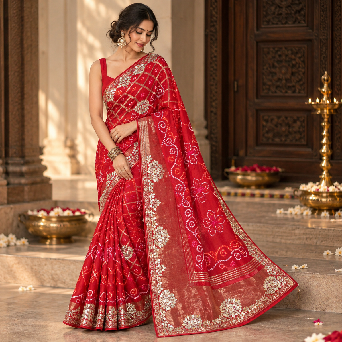 red Bandhani saree with dotted motifs and shimmering pallu