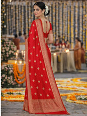 Red Khaddi Silk Saree with Gold Zari Motifs tvisa
