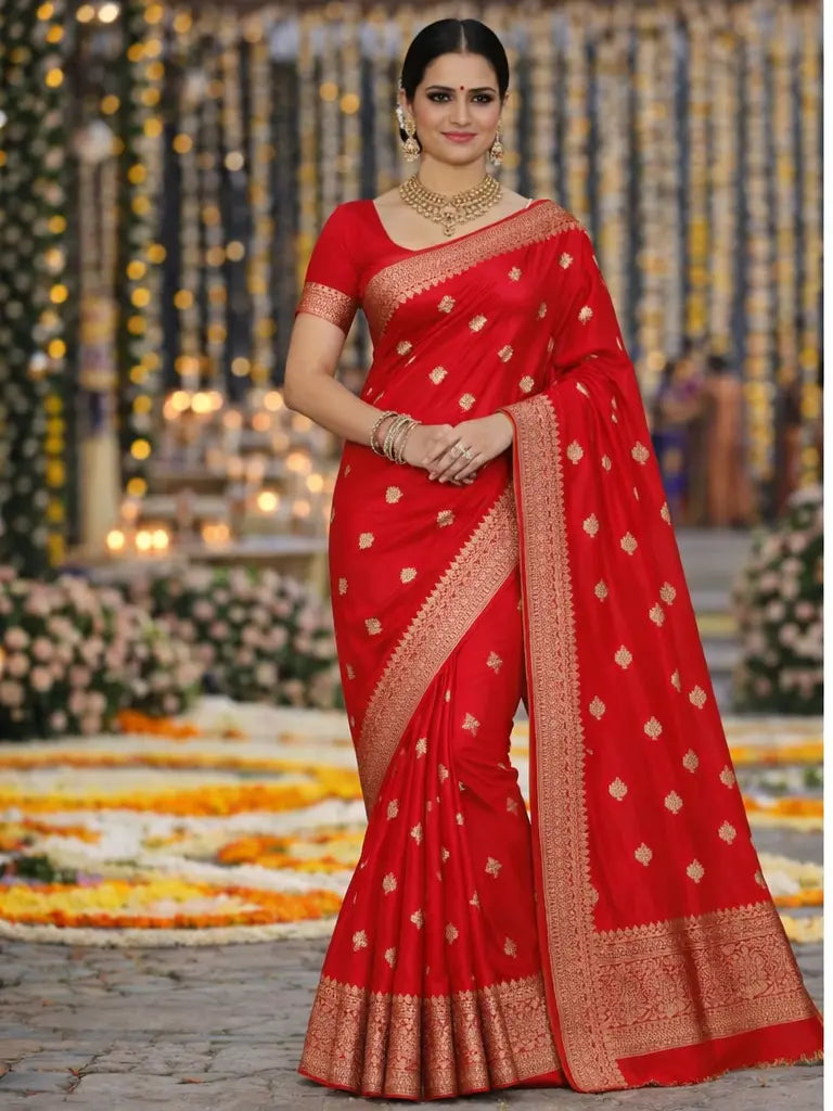 Red Khaddi Silk Saree with Gold Zari Motifs tvisa