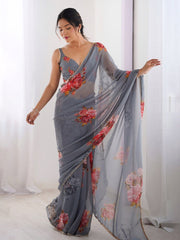 Gray color georgette saree with printed work and pearl border