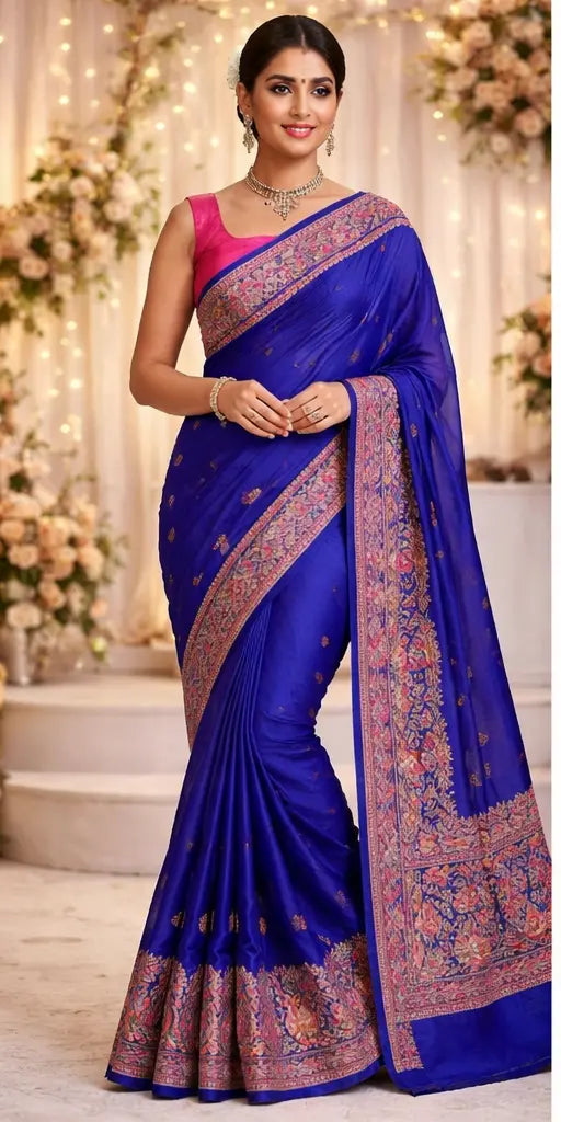 Royal Blue Plain Saree with Paithani-Inspired Border