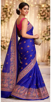 Royal Blue Plain Saree with Paithani-Inspired Border tvisa