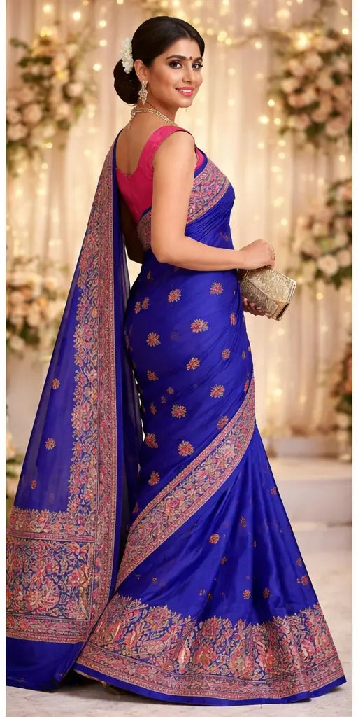 Royal Blue Plain Saree with Paithani-Inspired Border tvisa