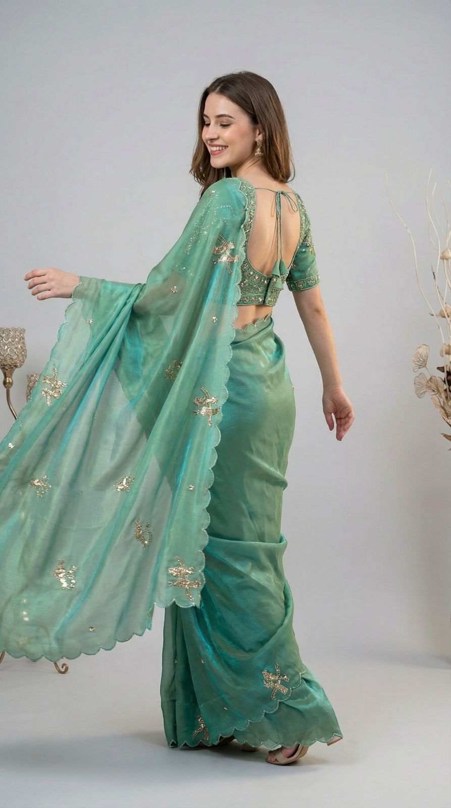 Firoji fandy satin silk saree with heavy shine hand work and cutwork border.