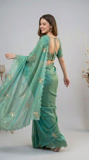 Firoji fandy satin silk saree with heavy shine hand work and cutwork border.