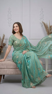 Firoji fandy satin silk saree with heavy shine hand work and cutwork border.
