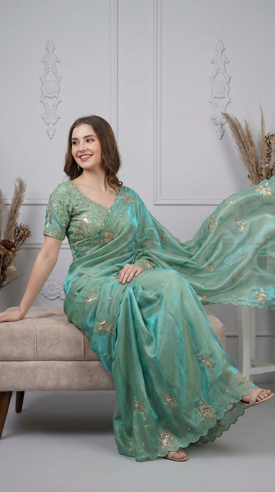 Firoji fandy satin silk saree with heavy shine hand work and cutwork border.