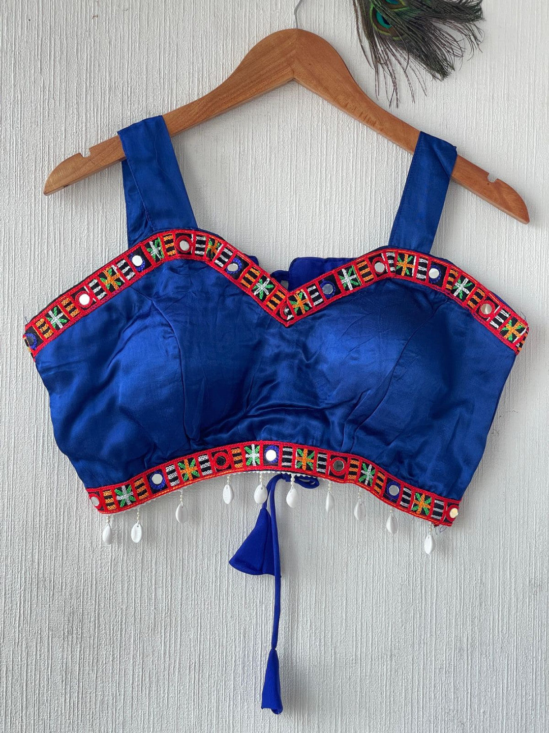 Blue gajji silk readymade blouse with embroidery and mirror work.