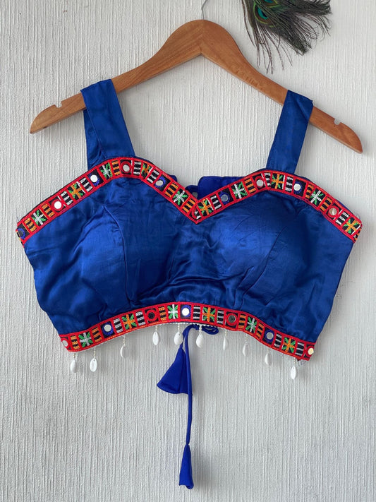 Blue gajji silk readymade blouse with embroidery and mirror work.